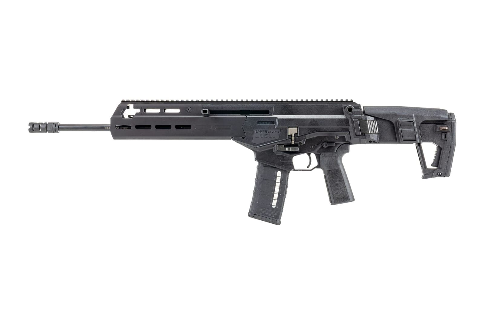Left profile of the IWI Carmel 16-inch rifle, showing the M-LOK handguard, full-length monolithic top rail and side-folding adjustable stock