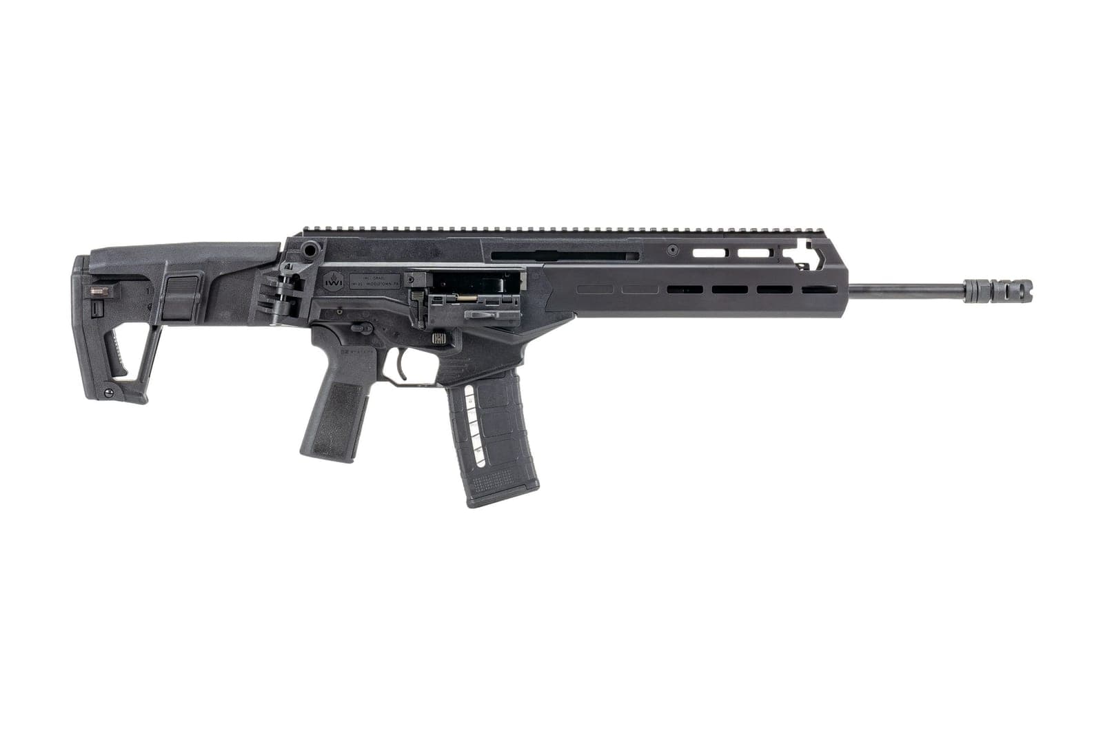 Right profile of the IWI Carmel 16-inch rifle, showing the mirrored ambidextrous controls and non-reciprocating charging handle